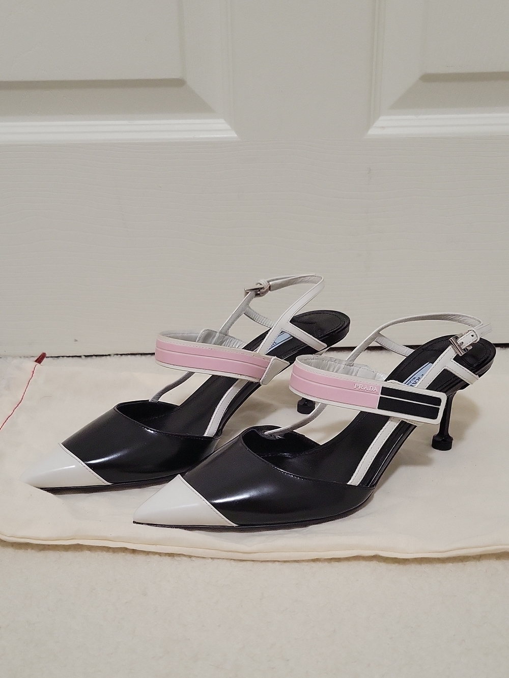 Prada Black, White & Pink Pointed Toe Slingback Heels